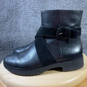 FitFlop Boots Mona Womens Size 8 Black Leather Suede Zip Up Buckle Ankle Booties